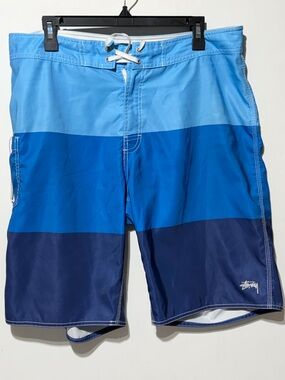 Stussy Vintage Men's Three-Tone Blue Stripe Board Shorts 36 x 11